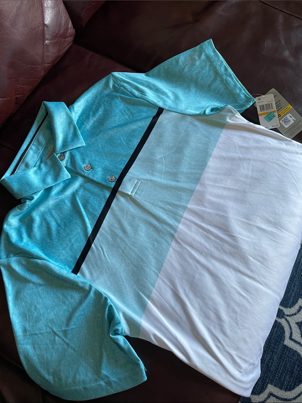 PGA Tour Teal, Aqua & White Striped Performance Golf Polo Shirt